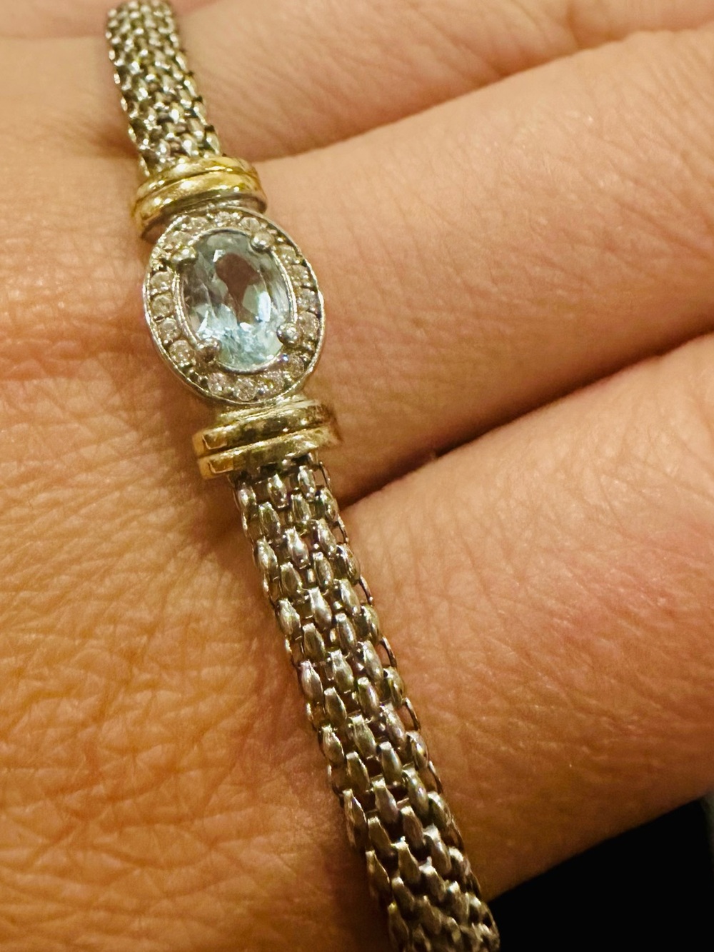 New 14K Solid Gold bracelet w Blue Topaz & 925 silver thick mesh bracelet